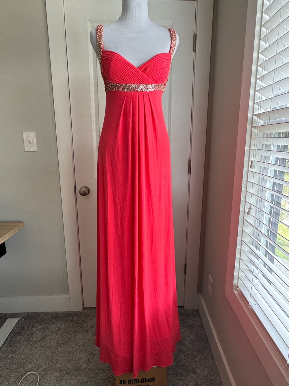 Vintage Y2K CACHÉ Coral Pink Rhinestone Beaded Empire Maxi Gown - Size 4